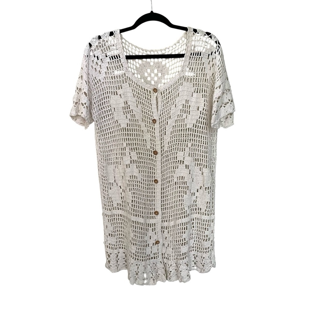 Crochet Knit Boho Button Front Swimwear Coverup Cardigan Cream